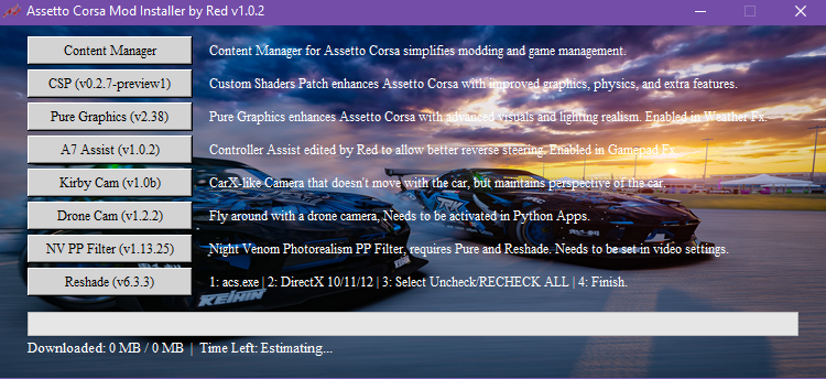 Screenshot of ACMI installer interface showing Assetto Corsa mod selection